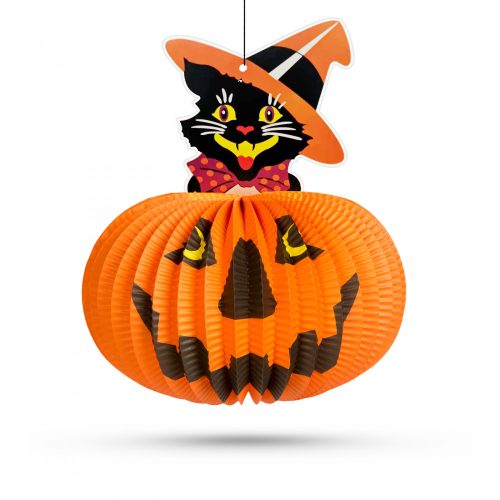 Halloween tökös lampion macskával - 26 cm