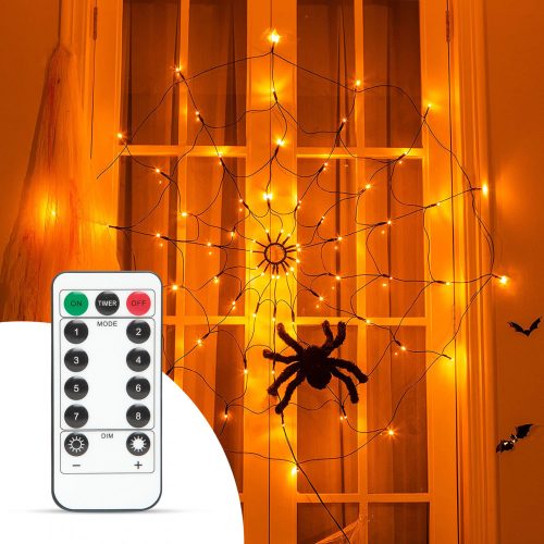 Világító Pókháló fényfüggöny pókkal - Halloween - 60 db LED - 70 cm