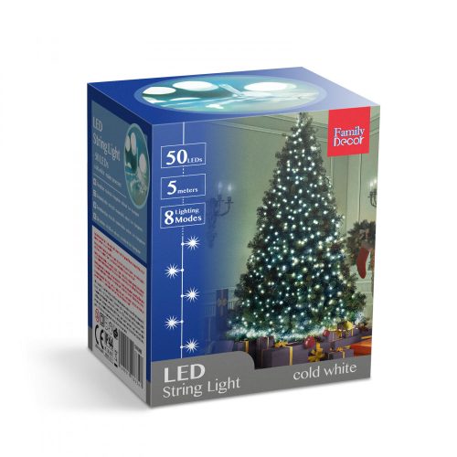 Karácsonyi Fényfüzér - 50 db LED - Hidegfehér - 5 m - 8 program