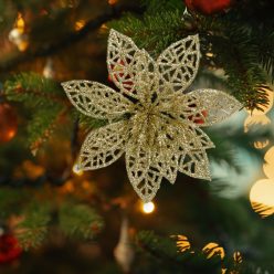   Karácsonyi dísz - csipeszes - glitteres virág - arany - 3 db / csomag