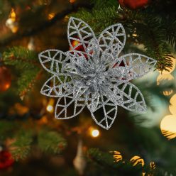   Karácsonyi dísz - csipeszes - glitteres virág - ezüst - 3 db / csomag