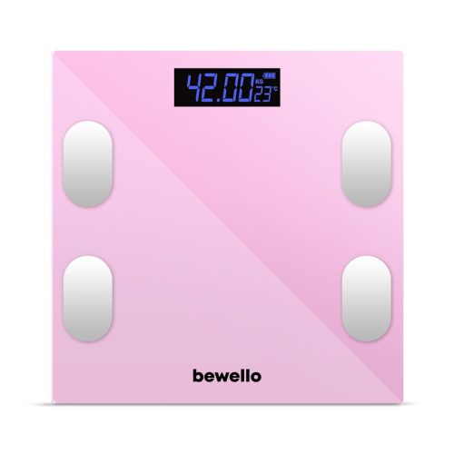 Bewello Okos személymérleg Bluetooth - Rózsaszín Üveg - 180 kg