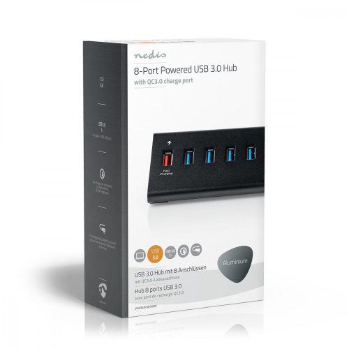 Nedis USB Hub - 8 Port - USB 3.0 - QC3.0 Töltőport - 5 Gbit/s - Alumínium