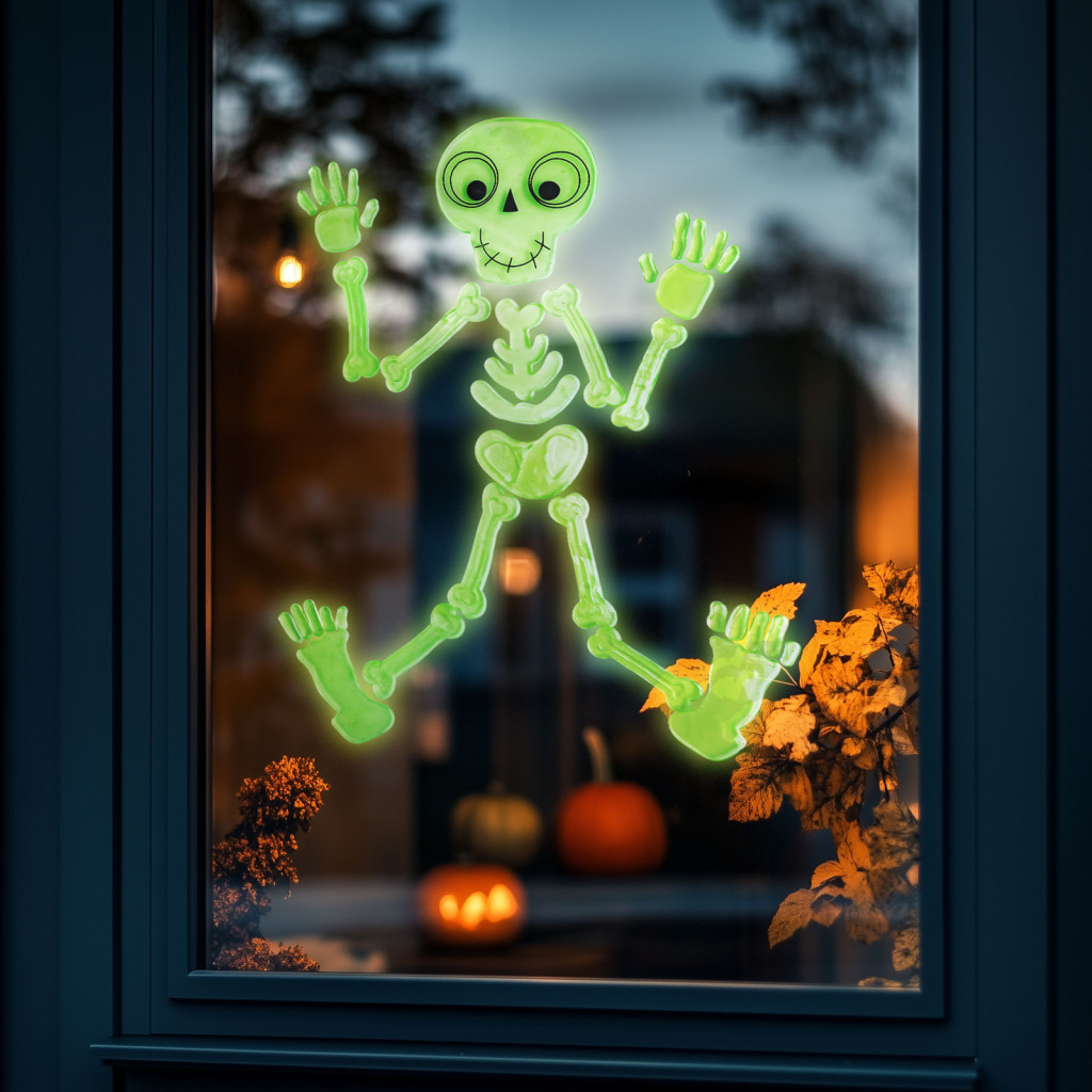 Image of Halloween-i foszforeszkáló ablakdekor - csontváz - 24 x 15 cm