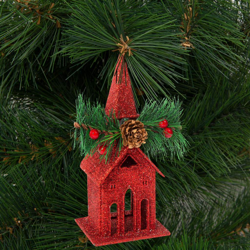Image of Karácsonyi glitteres templom akasztóval - 16 x 6,5 cm - piros